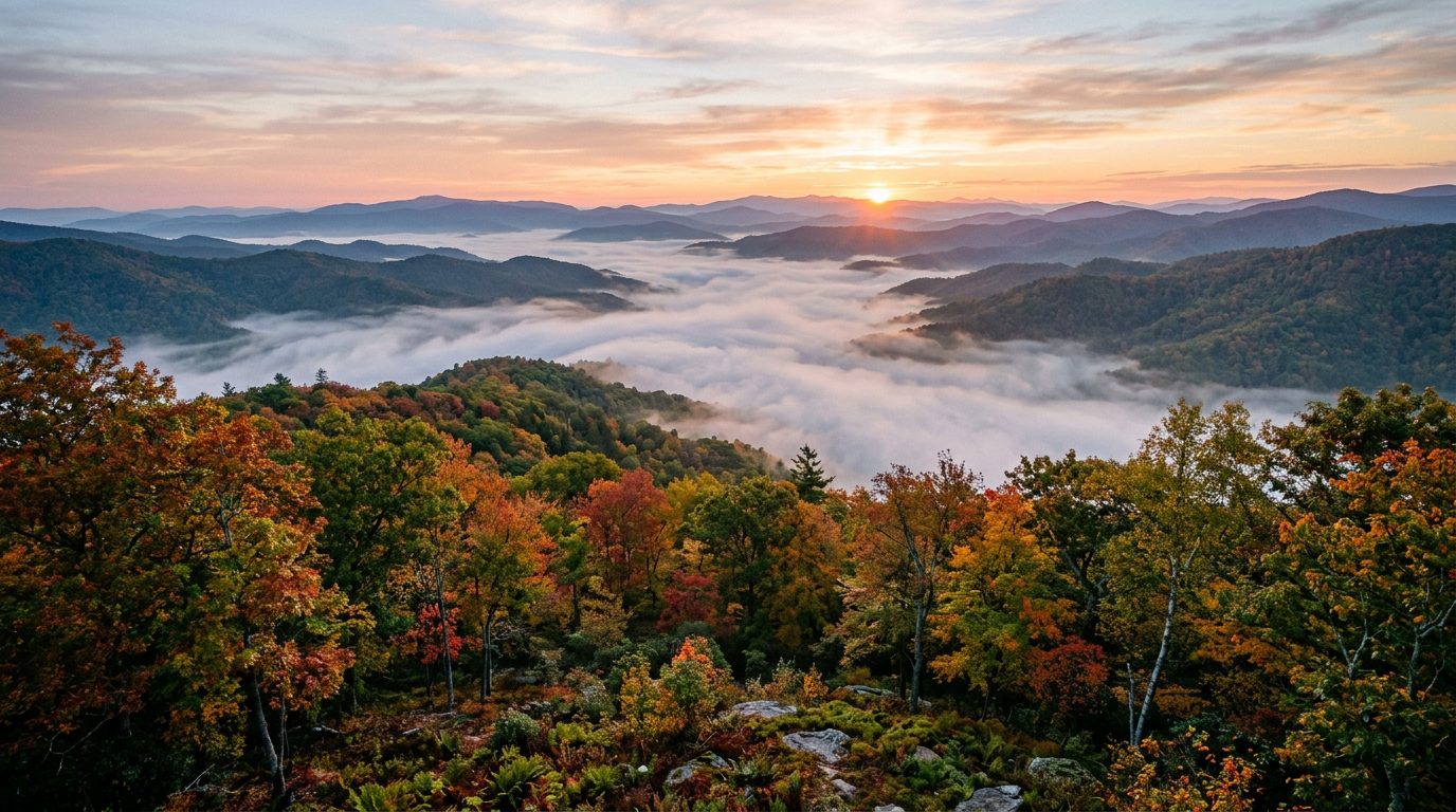 A misty Appalachian valley at sunrise.